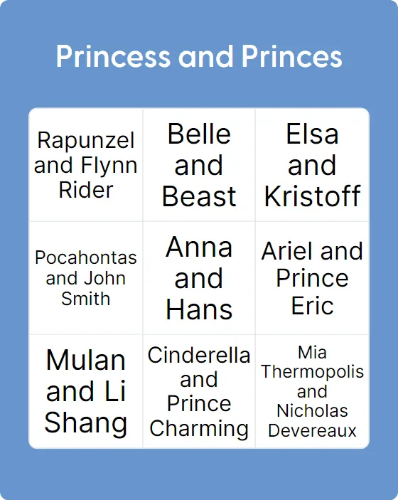 Princess and Princes bingo card template