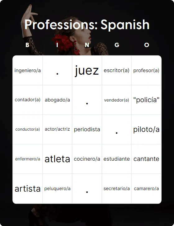 Professions: Spanish bingo card template