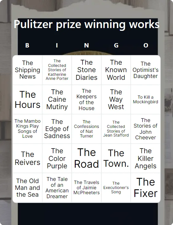 Pulitzer prize winning works bingo card template