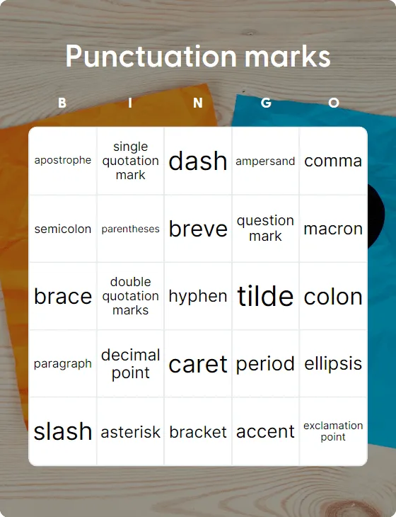 Punctuation marks bingo card template