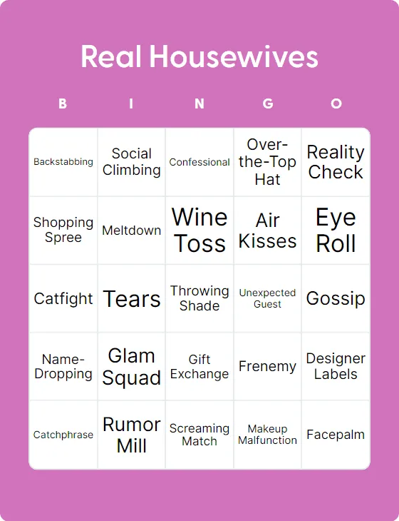Real Housewives bingo card
