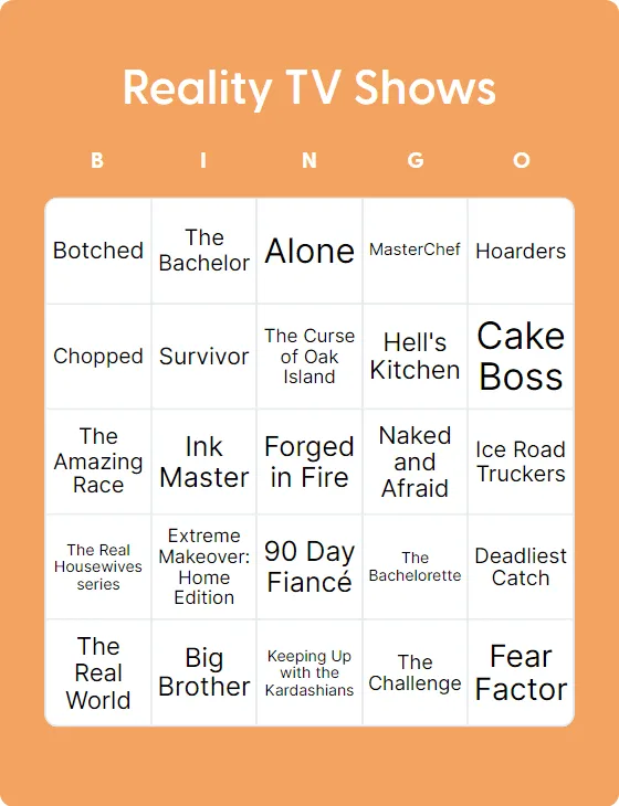 Reality TV Shows bingo card template