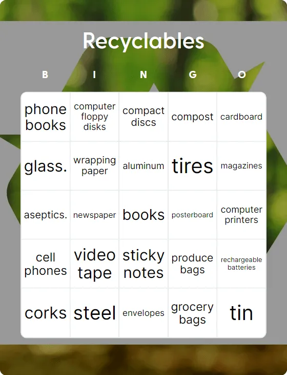 Recyclables bingo card template
