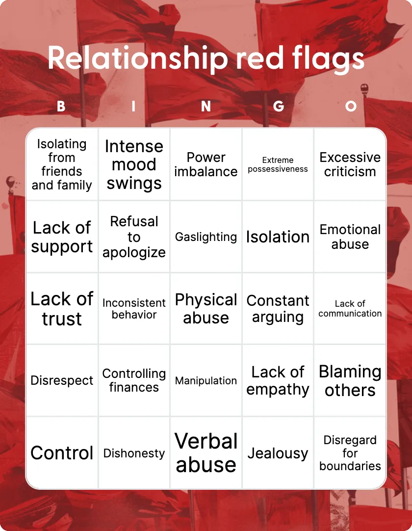 Relationship red flags bingo card