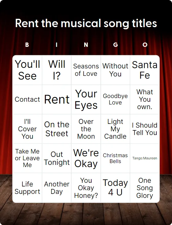 Rent the musical song titles bingo card template