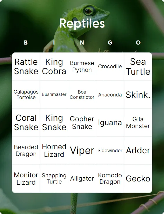 Reptiles bingo card template