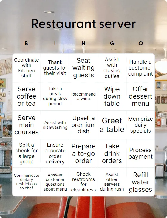Restaurant server bingo card template