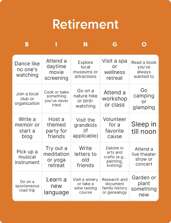 Retirement bingo card