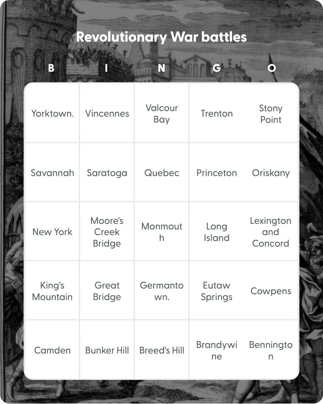Revolutionary War battles bingo card