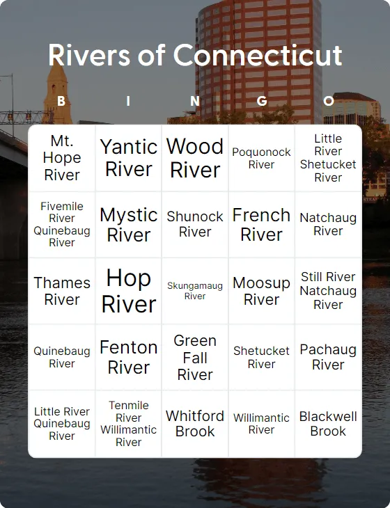 Rivers of Connecticut bingo card template