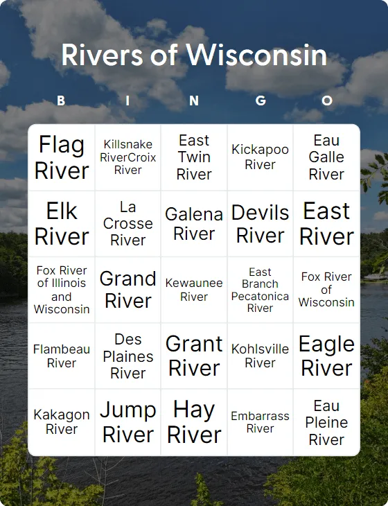 Rivers of Wisconsin bingo card template