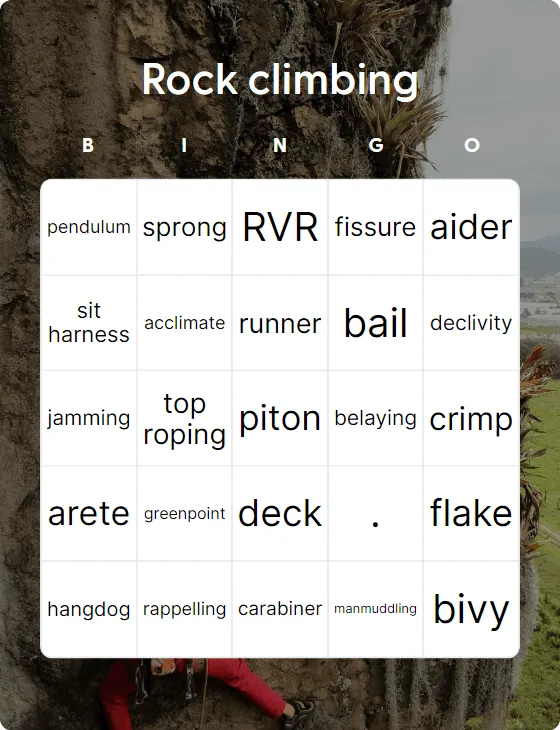 Rock climbing bingo card template