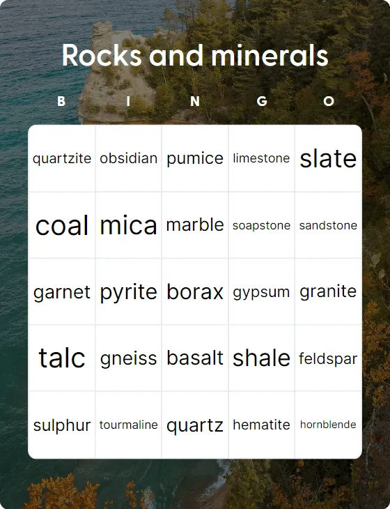 Rocks and minerals bingo card