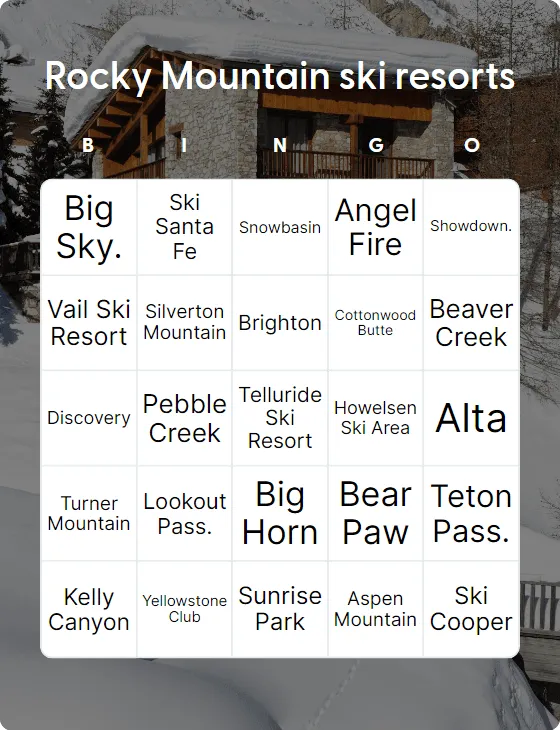 Rocky Mountain ski resorts bingo card