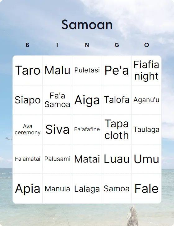 Samoan bingo card