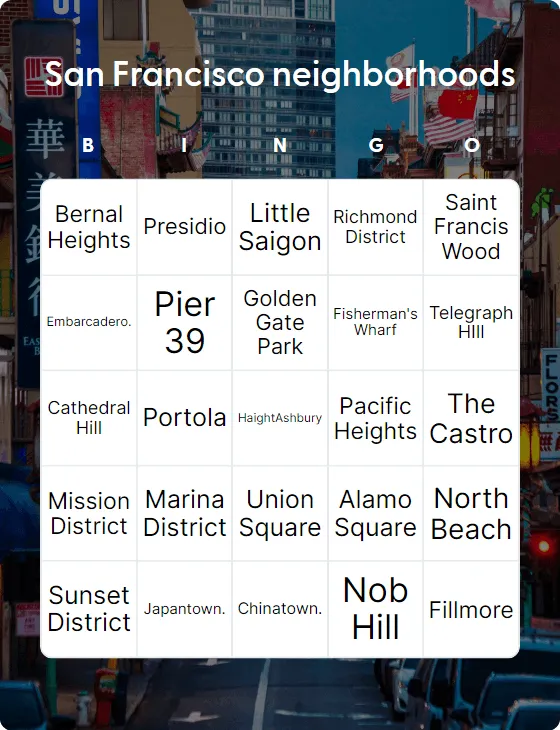San Francisco neighborhoods bingo card