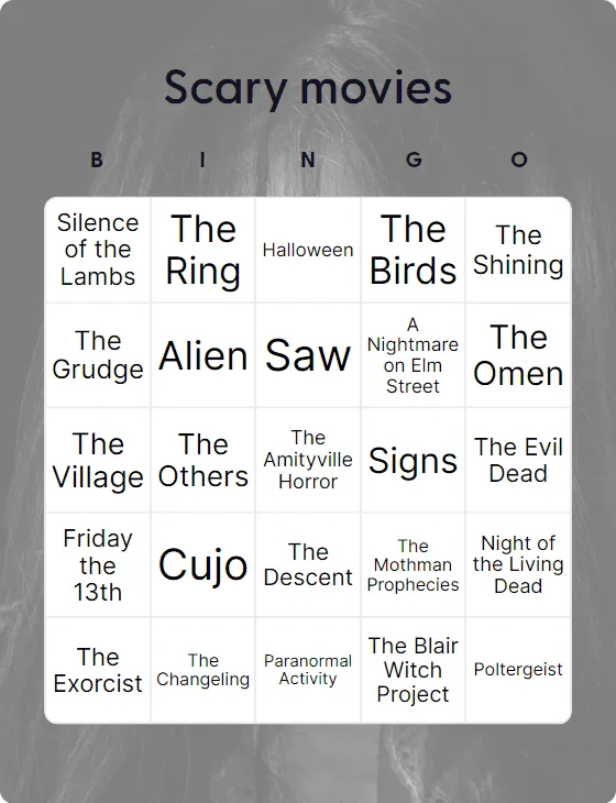 Scary movies bingo card template