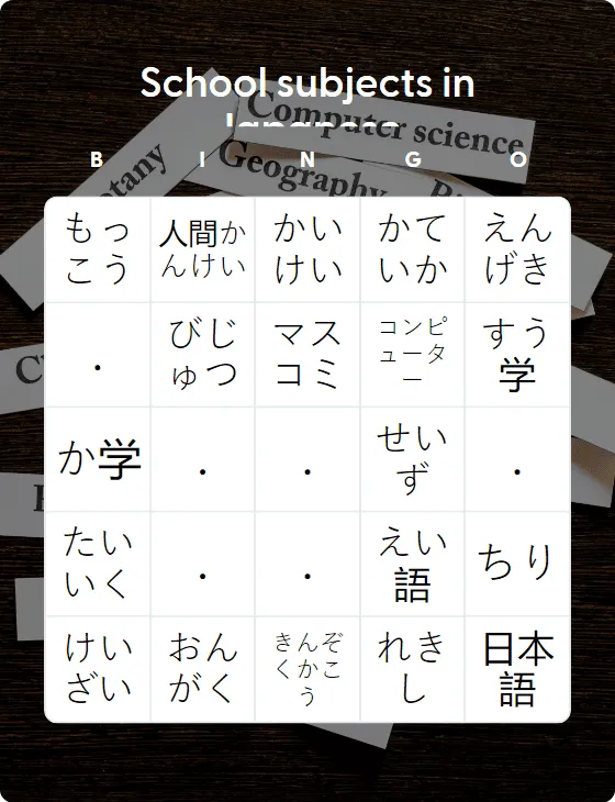 School subjects in Japanese bingo card template