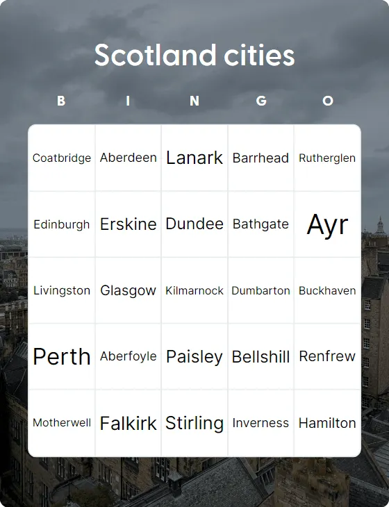 Scotland cities bingo card