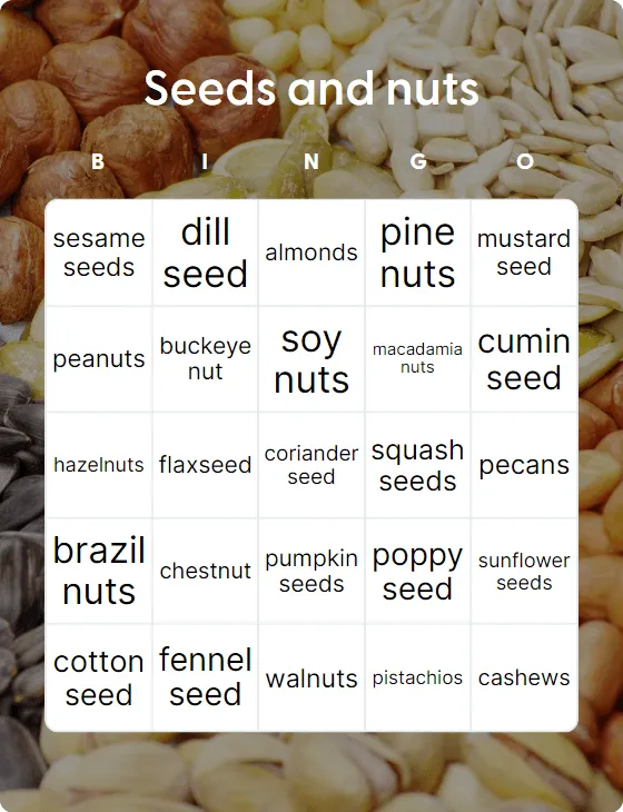 Seeds and nuts bingo card