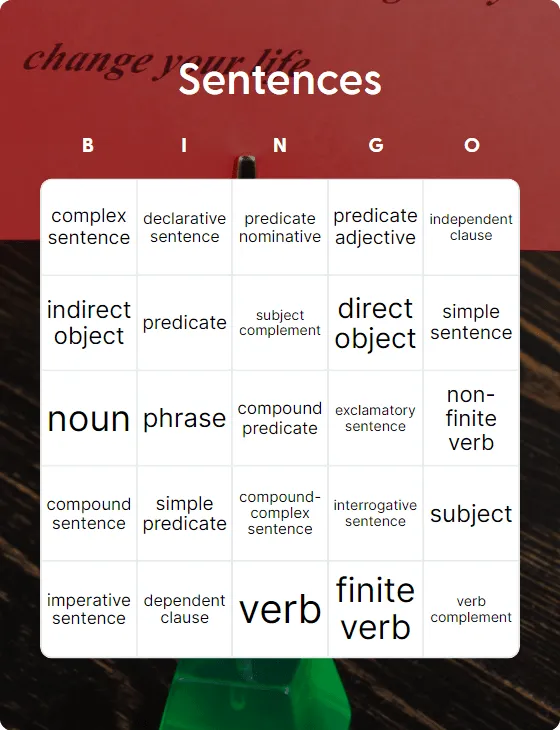 Sentences bingo card