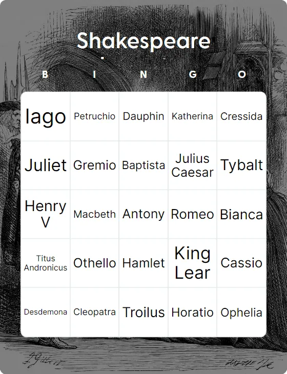 Shakespeare characters bingo card