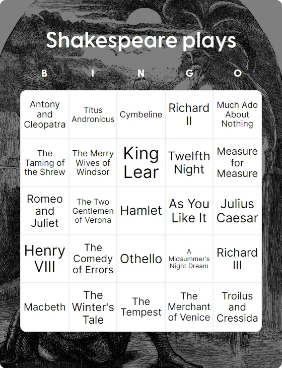 Shakespeare plays bingo card template