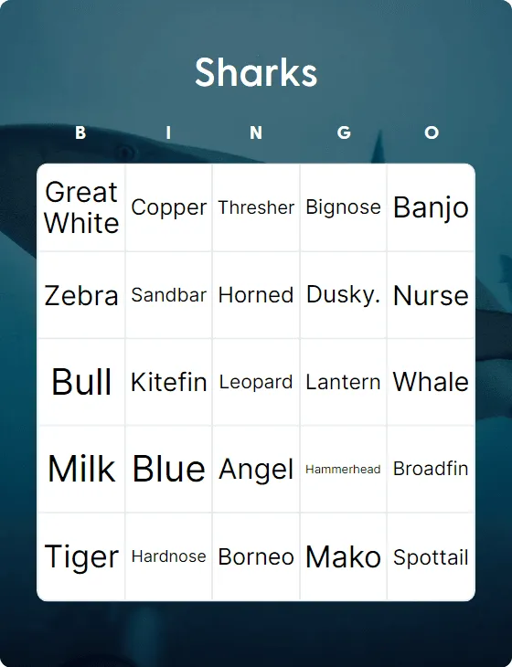Sharks bingo card template