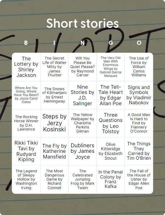 Short stories bingo card template