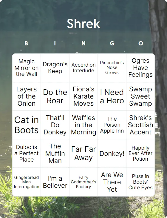 Shrek bingo card