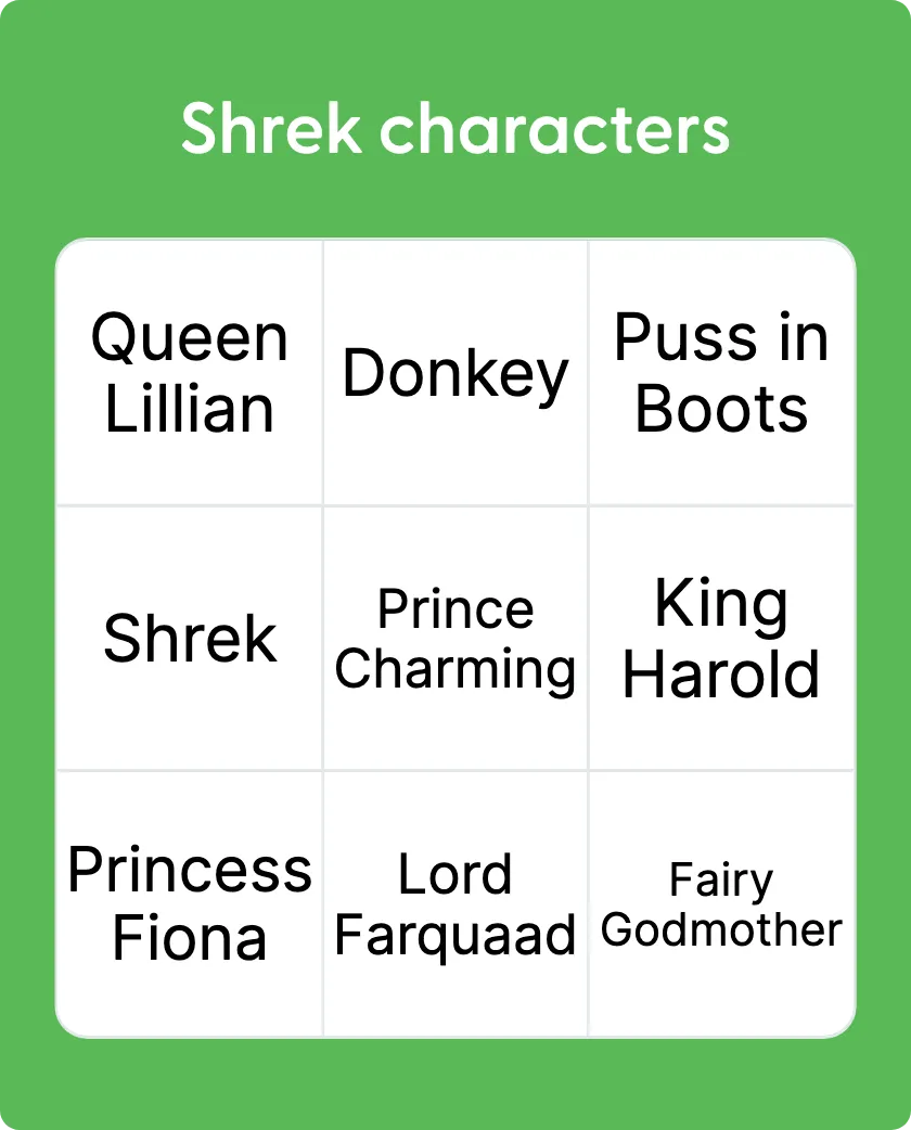 Shrek Characters bingo card