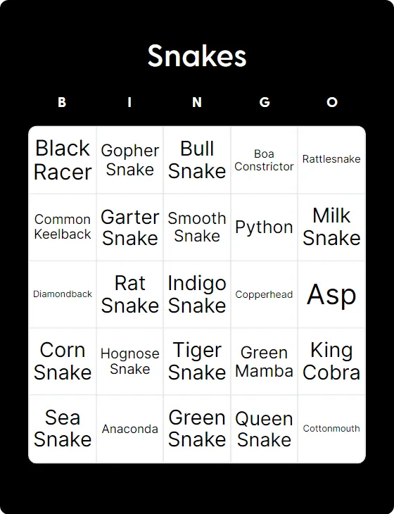 Snakes bingo card
