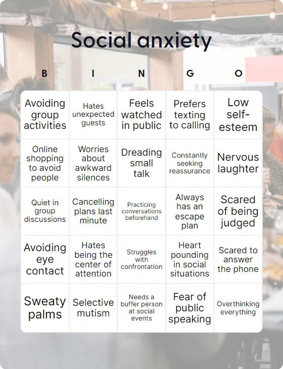 Social anxiety bingo card template