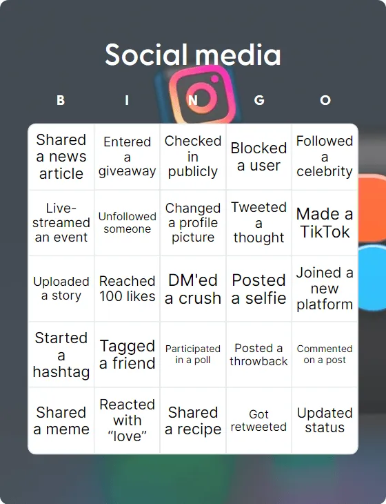Social media bingo card template