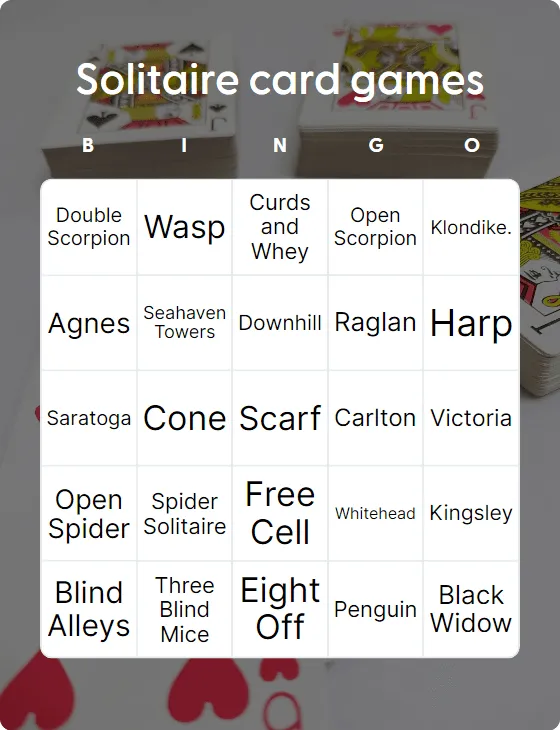 Solitaire card games bingo card template