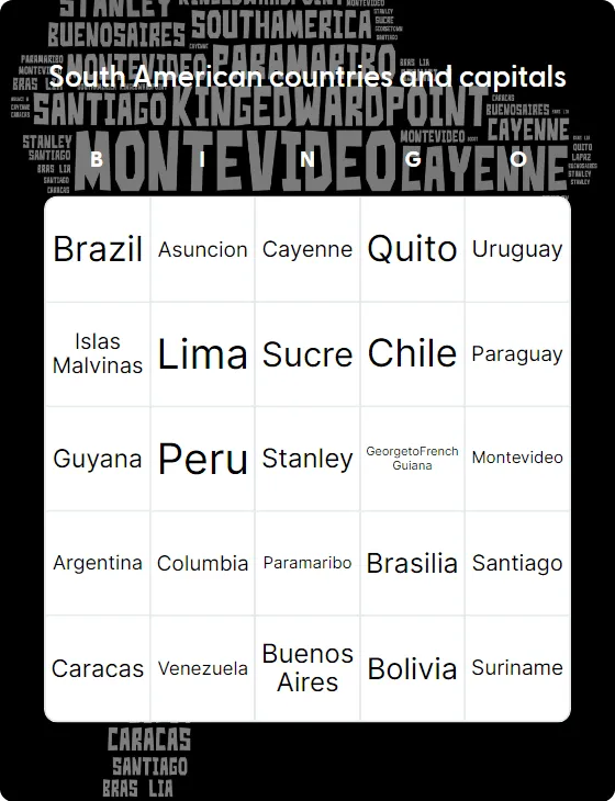 South American countries and capitals bingo card