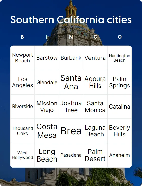 Southern California cities bingo card template