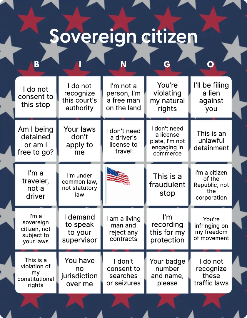 Sovereign citizen bingo card