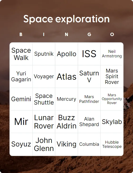 Space exploration bingo card