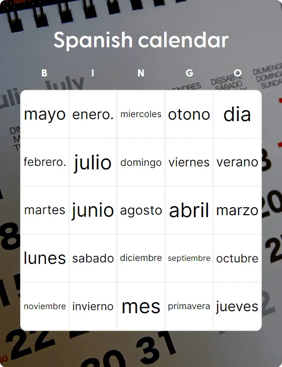 Spanish calendar bingo card template