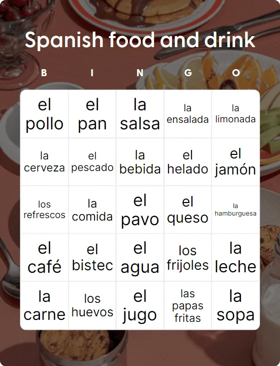 Spanish food and drink bingo card template
