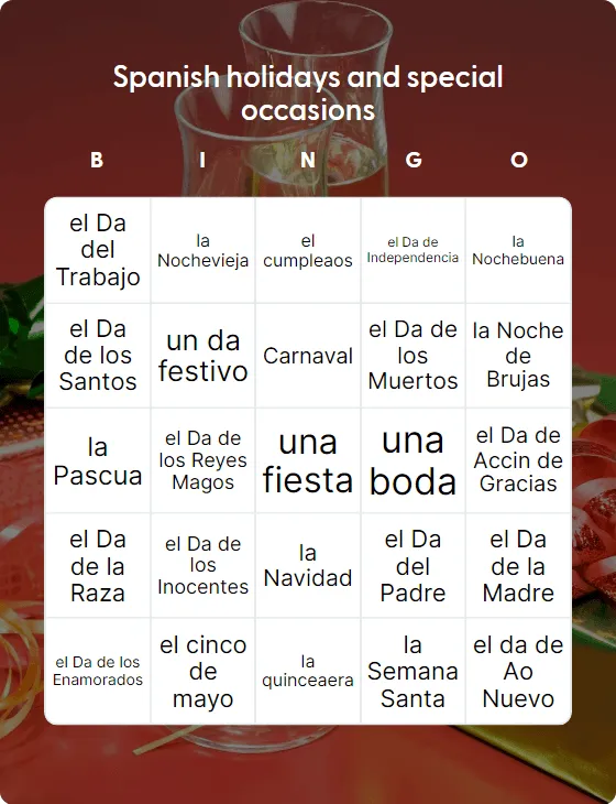 Spanish holidays and special occasions bingo card