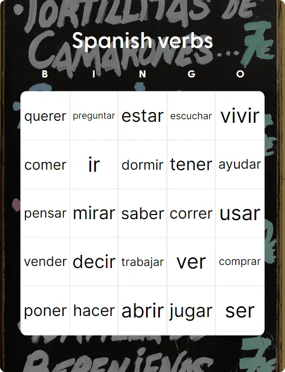 Spanish verbs bingo card