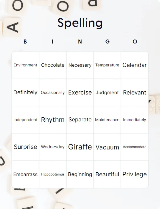 Spelling bingo card