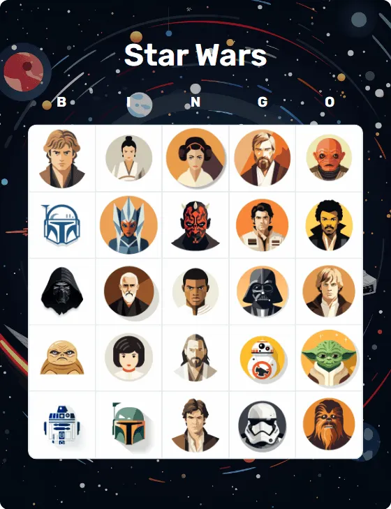 Star Wars bingo card
