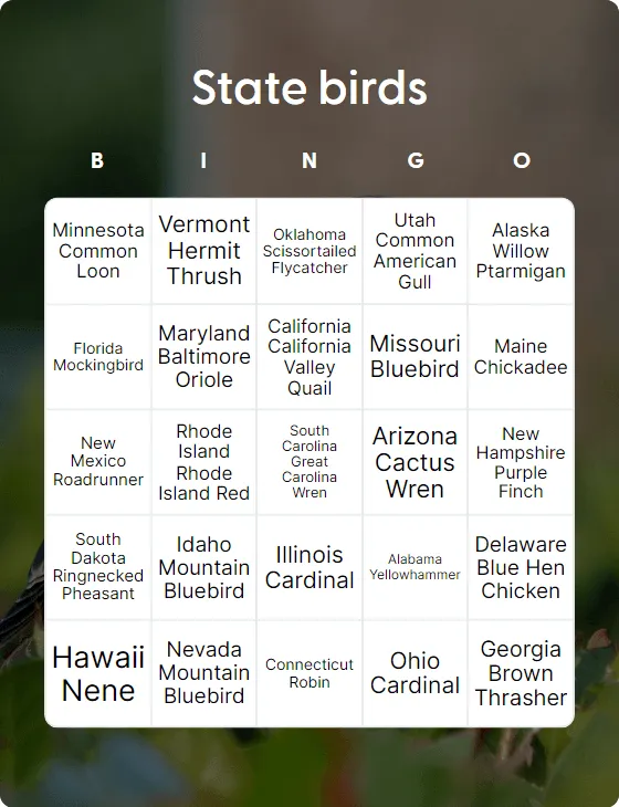 State birds bingo card template