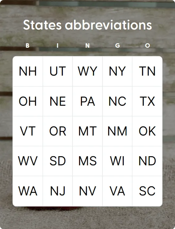 States abbreviations bingo card template