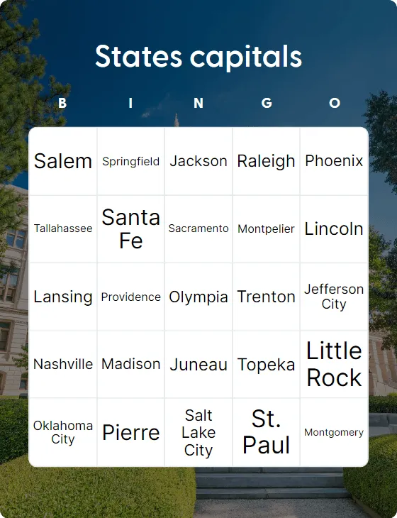 States capitals bingo card template