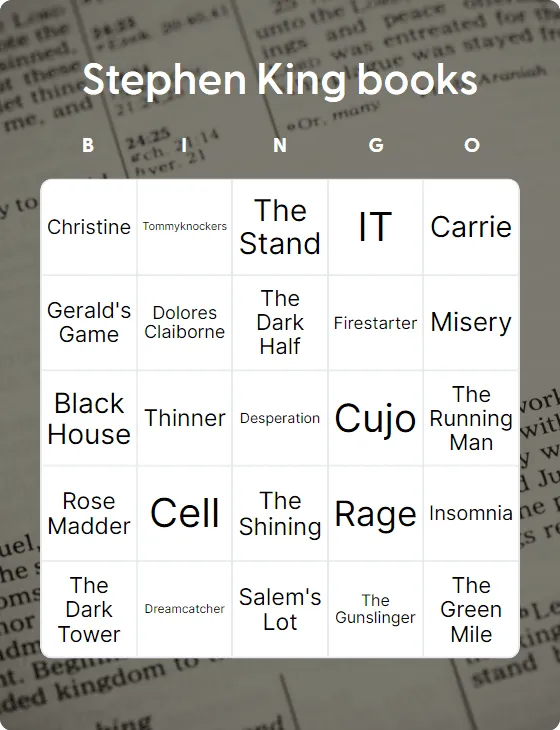 Stephen King books bingo card template