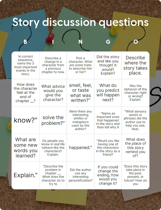 Story discussion questions bingo card template